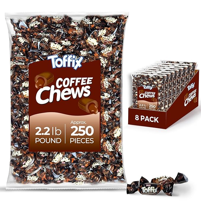 Toffix Coffee Chews, Center-Filled Soft Chewy Candy, 250 Pieces of Individually Wrapped Snacks for Kids & Adults, Coffee Flavored Chewy Candies - 2 Pound Bulk Bag - Pack of 8