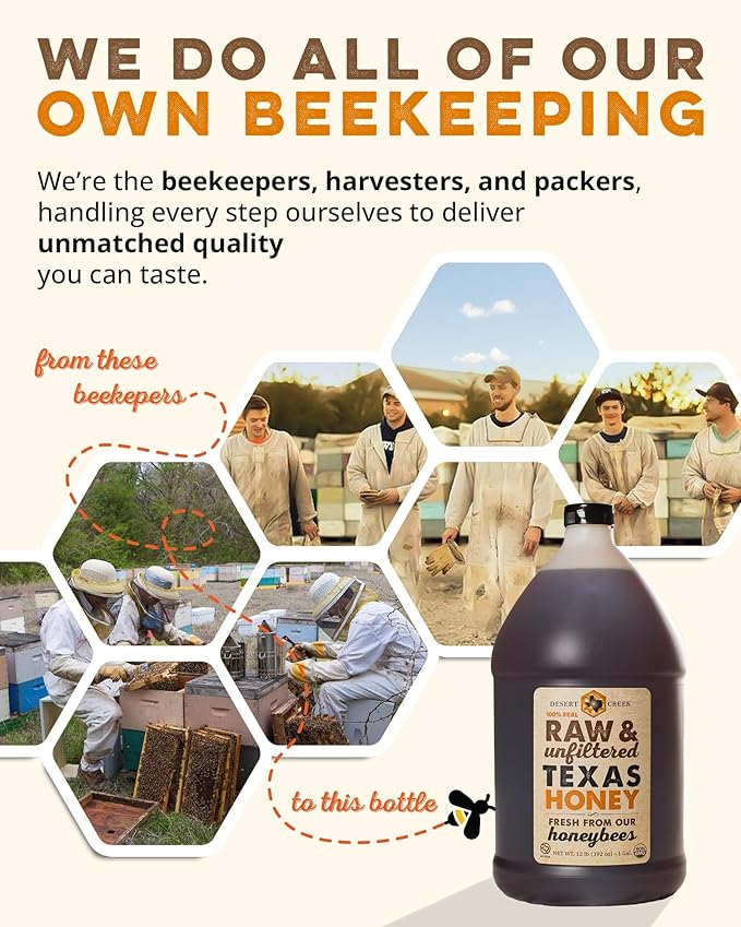 Desert Creek Honey - 100% Unfiltered, Pure, Raw Honey from Texas - Natural Sugar Substitute - One Gallon of Bulk Unprocessed, Unpasteurized American Honey - Harvested by Our Own Beekeepers