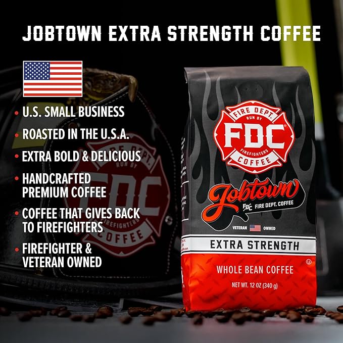 Fire Department Coffee - Gives Back to Firefighters - Jobtown Extra Strength Coffee Beans - Rich & Bold Dark Roast - Roasted in the USA - Veteran Owned - 12 oz