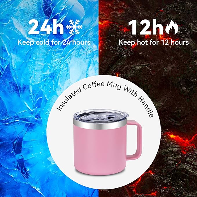 VEGOND 14 oz Insulated Coffee Mug with Handle, Stainless Steel Travel Coffee Mug with Lid, Double Wall Vacuum Metal Coffee Cup, Coffee Tumbler Powder Coated, Pink 1 Pack