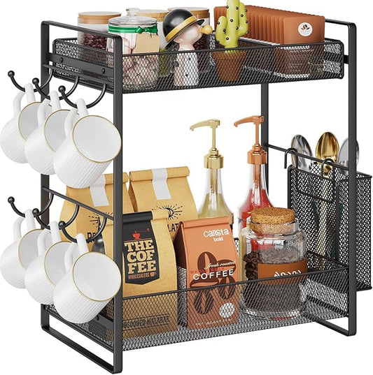 VITVITI Coffee Bar Organizer with Mug Holder, Metal Coffee Station Organizer for Countertop, 2 Tier Cup Mug Holders Rack with Basket for Kitchen Office, Black