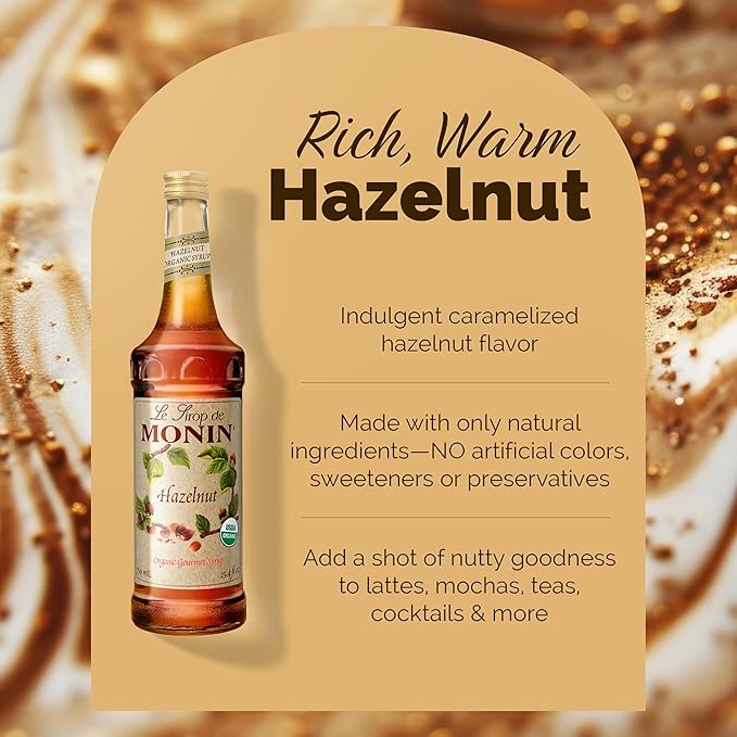 Monin - Organic Hazelnut Syrup, Nutty Taste of Caramelized Hazelnut, Natural Flavors, Great for Mochas, Lattes, Smoothies, Shakes, and Cocktails, Non-GMO, Gluten-Free (750 ml)