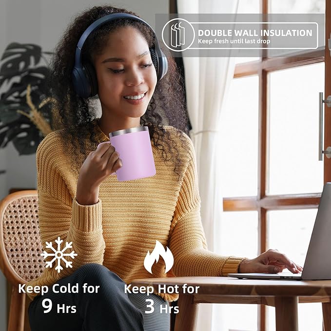 Volhoply 12oz Insulated Leakproof Coffee Mug with Flip & Straw Lid Bulk 2 Pack,Double Wall Vacuum Stainless Steel Travel Tumbler Cup with Handle,Reusable Camping Mugs Keep Cold/Hot(Purple,2 Set)