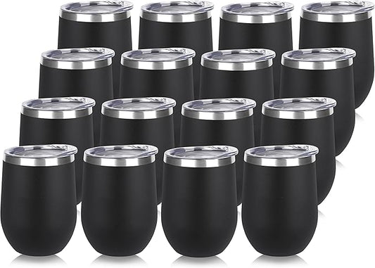 DOMICARE Stainless Steel Wine Tumbler Bulk with Lid, Personalized Insulated Tumblers Set, 12oz Travel Coffee Cups Pack of 16, Black