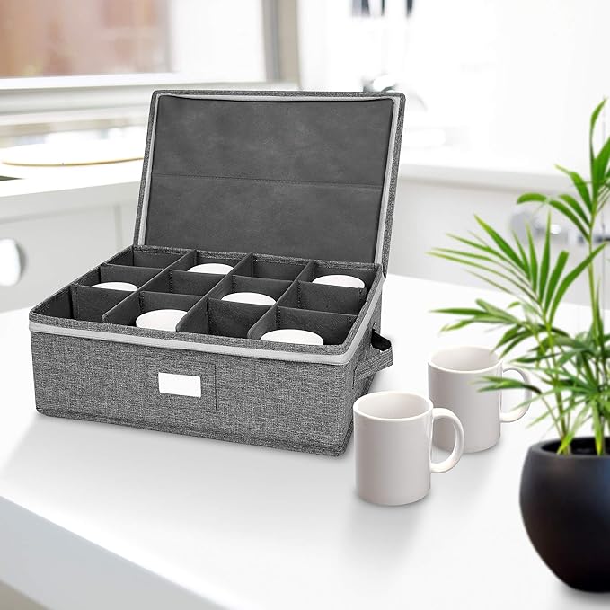 popoly Cup and Mug Storage Box, China Cup Storage Containers Chest with Zipper Lid and Handles, Holds 12 Coffee Mugs and Tea Cups, Hard Shell and Stackable (Grey)