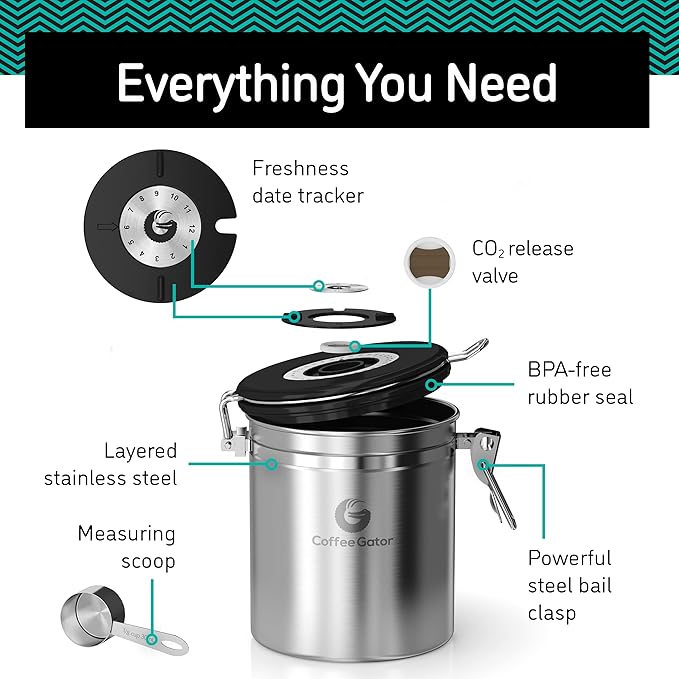 Coffee Gator Coffee Canister, 2pack 22oz Airtight Stainless Steel Kitchen Food Storage Container with Date Tracker, Scoop for Sugar, Grounds, Beans,Tea, Cereal, Flour, Cookies Jars - Gray&Silver