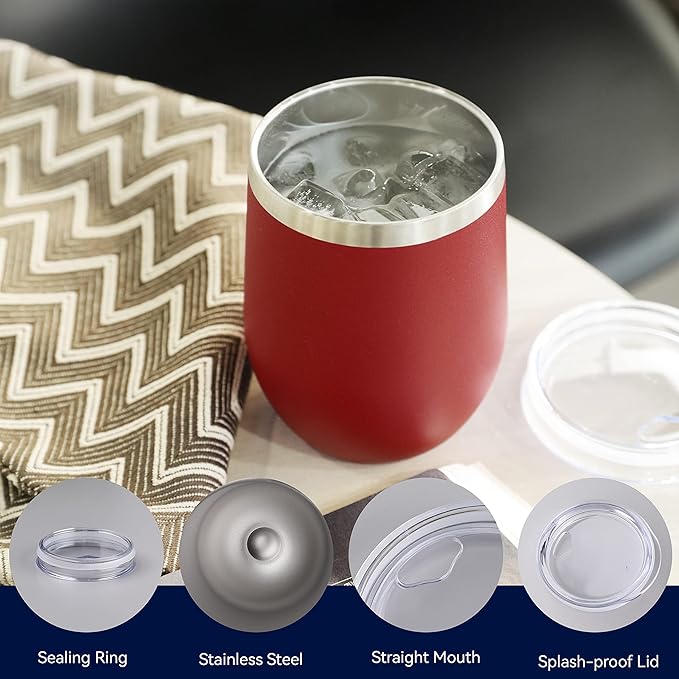 DOMICARE Stainless Steel Wine Tumbler Bulk with Lid, Personalized Insulated Tumblers Set, 12oz Travel Coffee Cups Pack of 4, Red
