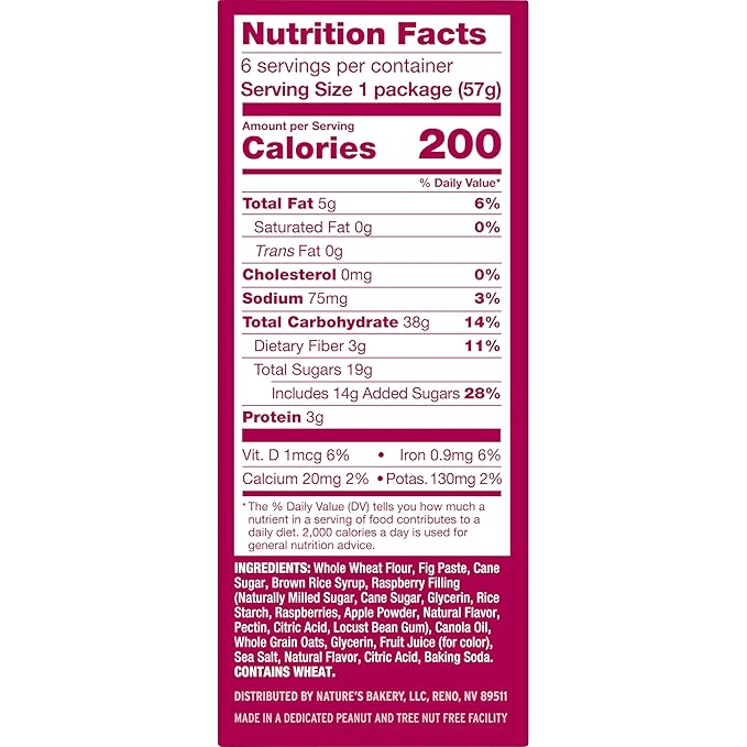Nature’s Bakery Whole Wheat Fig Bars, Raspberry, Real Fruit, Vegan, Non-GMO, Snack bar, 6 Count (Pack of 6)