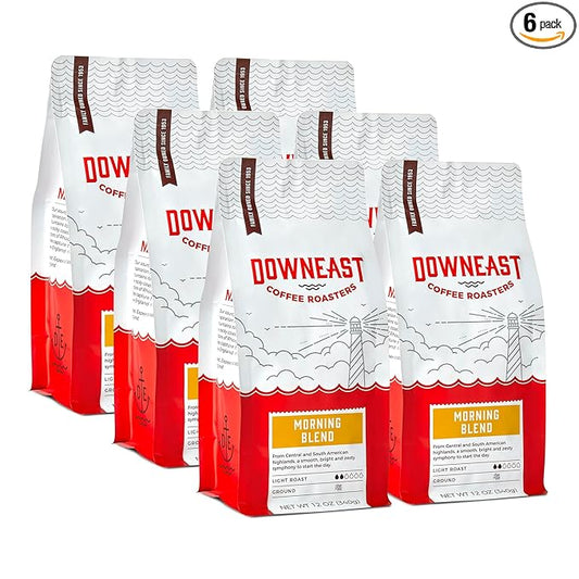 Downeast Coffee Roasters Ground Coffee - Morning Breakfast Blend, Light Roast, 100% Arabica Coffee - Smooth, Bright and Balanced - South American Highlands Ground (12oz bag, Pack of 6)