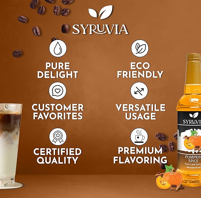Syruvia Pumpkin Spice Coffee Syrup, Flavored Syrup for Drinks, Lattes, and Desserts – 25.4 fl oz, With Pump
