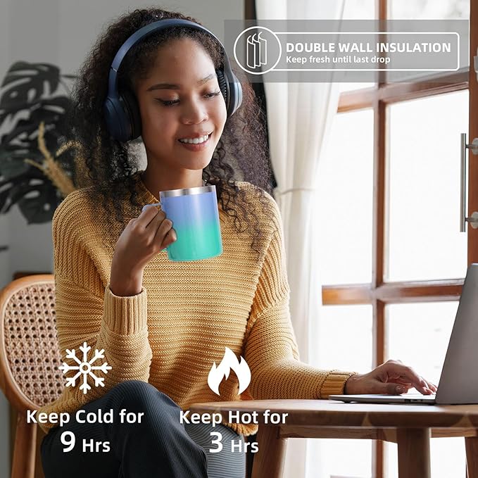 Volhoply 12oz Insulated Leakproof Coffee Mug with Flip & Straw Lid Bulk 2 Pack,Double Wall Vacuum Stainless Steel Travel Tumbler Cup with Handle,Camping Mugs Keep Cold/Hot(Purple Green,2 Set)