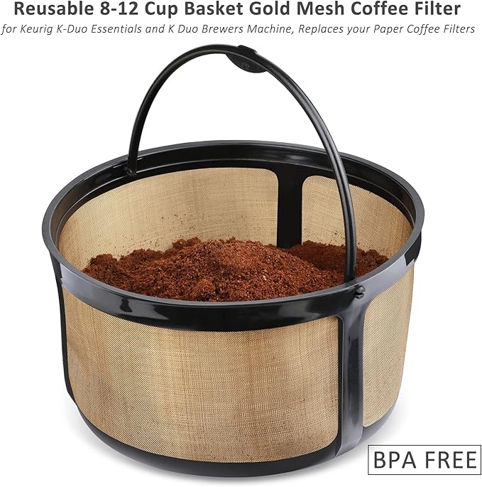 Reusable 8-12 Cup Basket Gold Mesh Coffee Filter for Keurig K-Duo Essentials and K Duo Brewers Machine, Replaces your Paper Coffee Filters, BPA Free (2 Pack)