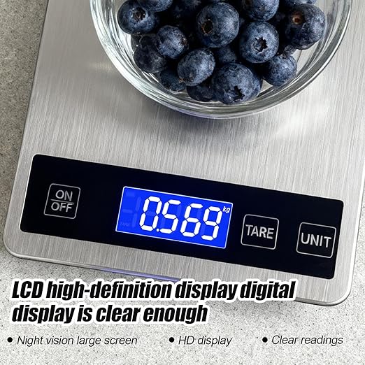 Food Kitchen Scale, 33lb Digital Food Scale Precisely Measures Grams and Ounces for Baking and Cooking, Rechargeable 304 Stainless Steel Kitchen Scale for Food with LCD Display, Batteries Included