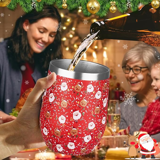 Christmas Wine Tumbler 12 oz Stainless Steel Wine Tumble Insulated Wine Tumbler with Lid Christmas Wine Glass Gifts with Straw and Brushes for Women Men Xmas Wedding Party (Red)
