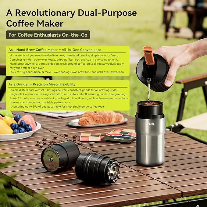 Portable Pour Over Coffee Maker, Rechargeable Electric Grinder with Stainless Steel Conical Burr, Integrated Hand Brew Kit with Stainless Steel Filter Dripper & Travel Mugs, for Camping, Outdoors