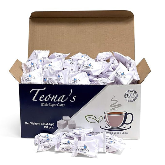Teona’s 152 White Sugar Cubes - Individually Wrapped 1 LB Box | 100% Beet Root - Perfect Size for Tea & Coffee | Raw Sugar Cubes for Entertaining, Cafes, Bars, Home or Office Use