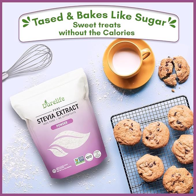Durelife 100% Pure stevia extract sweetener | No Erythritol, NON-GMO Project Verified, No Fillers, Zero Calorie Sugar Substitute | No Aftertaste | Micro-Spoon Included (16 Ounce (Pack of 1))