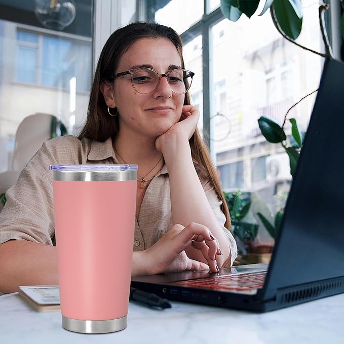 20 oz Tumbler Coffee Travel Tumblers Bulk with Lid Stainless Steel Double Wall Vacuum Insulated Mug Powder Coated Cups fit Car Cupholder for Hot and Cold - Pink, 12Pack