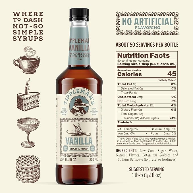 Tippleman's Vanilla Coffee Syrup - Rich Flavor for Hot or Iced Drinks, Latte, Tea, Espresso, Cappuccino, Cocktails, & Baking - 25.4 Fl Oz