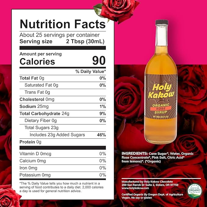 Holy Kakow Cafe Organic Rose Syrup - Rose Syrup, Coffee Syrup, Organic Syrup for Coffee, Rose Syrup for Coffee, Add to Latte, Cocktail and Shake, Real Food Ingredients, Specific Flavor - 750ml