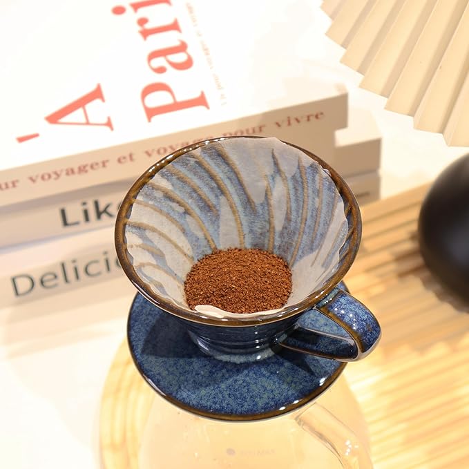 Ceramic Coffee Dripper includes 50 Filters 01 Pour Over Coffee Maker Porcelain V 60 Hand Brewed Set Pottery Artisanal Drip Brew Barista Gift for 1-2 People Travel Camping Office Home