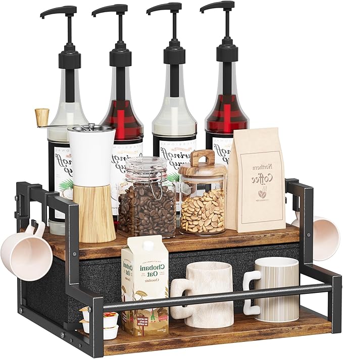 Coffee Syrup Organizer Rack, 2-Tier Coffee Bar Accessories, Bottle Holder Stand with K Cup Storage Drawer for Coffee bar, Wine Rack, Storage Shelves for Syrup. (Rustic Brown)