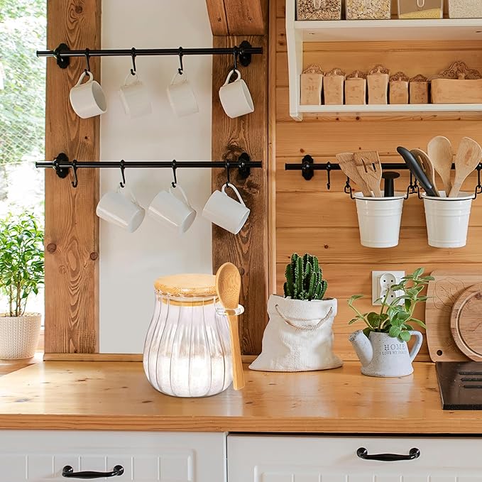 15oz Sugar Container with Bamboo Lid and Spoon,Sugar Bowl Glass Jar for Coffee Bar Accessories Coffee Canister Kitchen Decor (Medium)