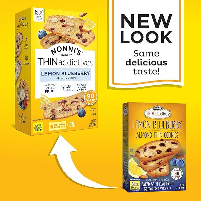 Nonni's THINaddictives Almond Thin Cookies - 6 Boxes Lemon Blueberry Cookie Thins - Almond Cookies - Sweet Crunchy & Chewy - Biscotti Individually Wrapped Cookies - Kosher Coffee Cookies - 4.4 oz
