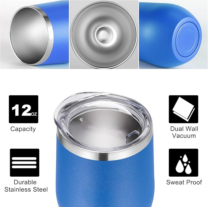 VEGOND Wine Tumblers Bulk 6 Pack, 12oz Stainless Steel Stemless Wine Glass with Lids and Straws, Double Wall Vacuum Insulated Tumbler Cup, Coffee Mug for Cold Hot Drinks