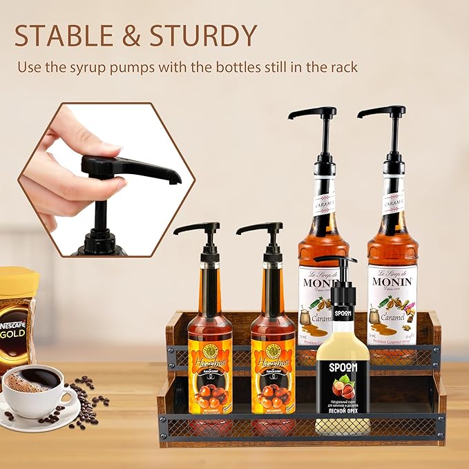 Liquor Bottle Display Shelf, Coffee Syrup Rack Organizer, 2 Step Countertop Liquor Wine Rack, 10 Bottles Coffee Station Organizer with Fences & Handles, Home Retro Bar Shelf Stand for Liquor Whiskey