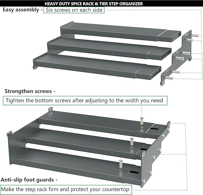 Spice Rack Organizer for Cabinet, 3 Tier Expandable Spices Storage, Great for Kitchen Cabinets, Cupboard,Pantry and Countertop More(Gun-Gray, 1 PACK/GUN-GRAY)