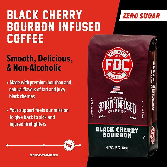 Fire Department Coffee - Black Cherry Bourbon Coffee - Gives Back to Firefighters - Premium Bourbon Infused Whole Bean - Non-Alcoholic - Roasted in the USA - Veteran Owned - 12 oz