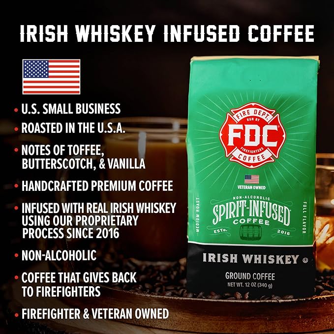 Fire Department Coffee - Gives Back to Firefighters - Irish Whiskey Infused Ground Coffee - Medium Roast - Non-Alcoholic - Roasted in the USA - Veteran Owned (12 oz, Pack of 2)