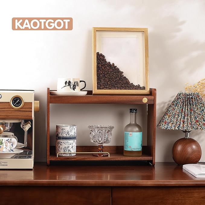 Coffee Mug Holder Wooden Cup Rack Mug Display Shelf Coffee Cup Holder for Countertop With 4 Mug Cups 2 Tier Wood Coffee Mugs Holder for Kitchen Coffee Cup Storage