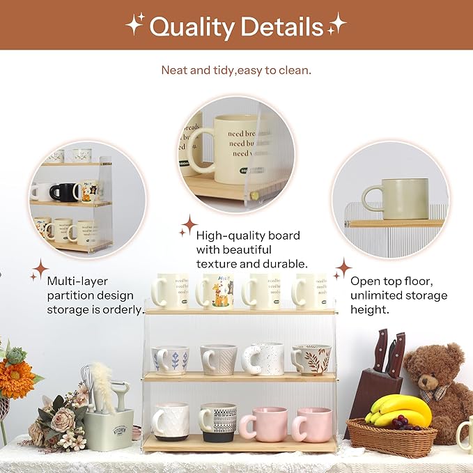 Coffee Mug Holder Wooden Cup Station Organizer 3 Tier Cup Holder for Coffee Bar Mug Display Rack for Countertop Mug Holder Shelf for Home Kitchen Trapezium-Pinewood