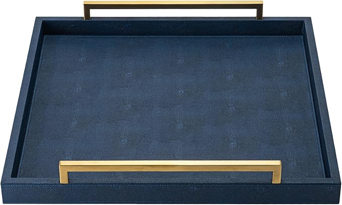 Large Navy Blue Decorative Tray for Ottoman,Stylish Rectangle Coffee Table Tray with Handles,Versatile Serving Tray for Living Room and Home Decor