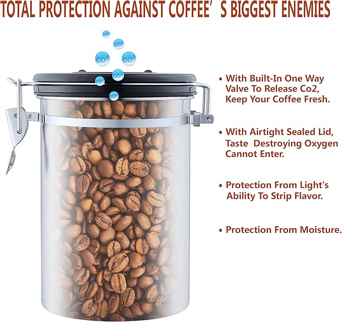 Airtight Coffee Storage Container - with Co2 Valve Coffee Bean Grounds Storage Canister Medium Blue 16oz