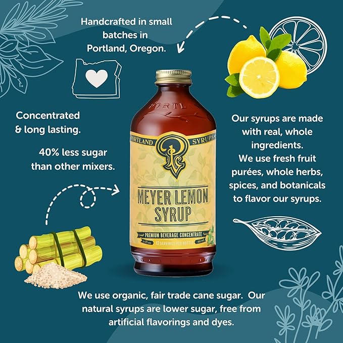Portland Syrups Meyer Lemon Syrup - Premium Beverage Concentrate for Delicious Cocktails, Tea, Soda, Coffee Drinks, Baking, and More - 12 oz with 12 Servings (Pack of 1)