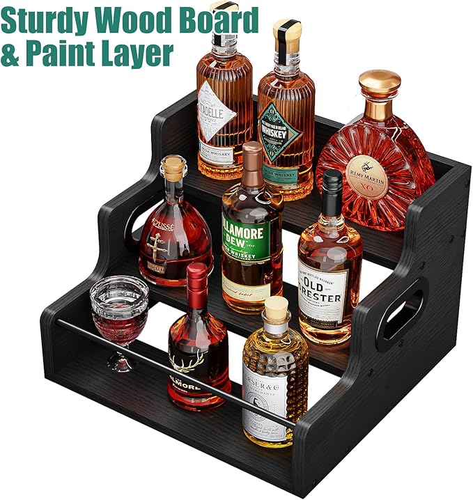 KLM Liquor Bottle Display Shelf, Coffee Syrup Rack Organizer, 3 Step Countertop Liquor Wine Rack, Mini bar,Liquor Cabinet, Home Retro Bar Shelf Stand for Liquor Whiskey, Spirits（Black）