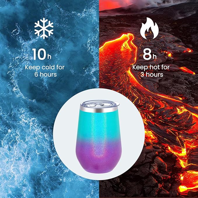 MEWAY Stemless 12oz Insulated Wine Tumbler with Lid and Straw - Double Wall Stainless Steel Thermal Cup for Hot and Cold Drinks, Travel wine glass, Bridal and Baby Shower Game Prizes(Glitter Aurora,1)