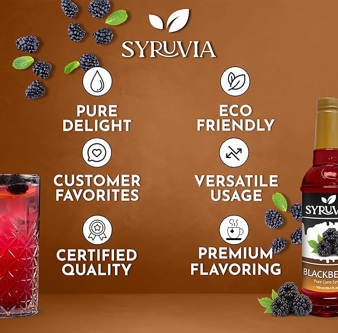 Syruvia Blackberry Syrup, Flavored Syrup for Drinks, Cocktails, Lemonades, Iced Teas, and Desserts – 25.4 fl oz, With Pump