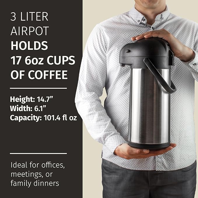 Coffee Carafe Airpot & Cleaning Brush - 101oz / 3L Airpot 12 Hours Hot Water Dispenser or 36 Hours Cold Drink Dispenser with Pump - Easy Dispensing Coffee Carafes for Keeping Hot Extra Large - Cresimo