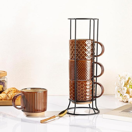 GBHOME 12OZ Stackable Coffee Mugs with Stand, Ceramic Coffee Mugs with Texture Patterns for Man,Woman,Dad,Mom, Modern Coffee Cups Set of 4 for Latte/Cappuccino. Dishwasher&Microwave Safe, Caramel