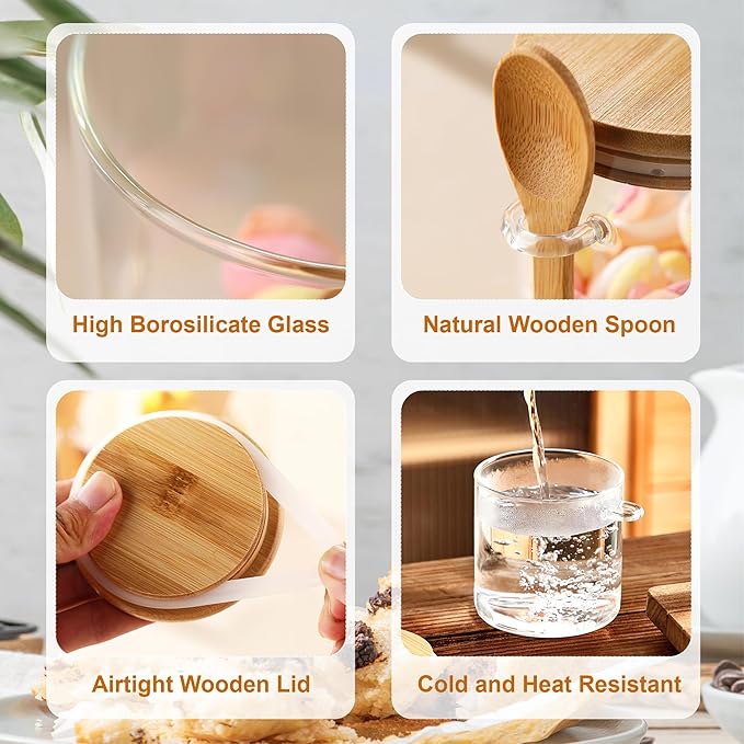 MOLFUJ 2 Pack Clear Glass Storage Canister with Airtight Lid, 15 oz/450 ml Small Decorative Container Jar with Wooden Spoon for Overnight Oatmeal Coffee Spice Candy Salt Cookie Condiment Pepper Sugar