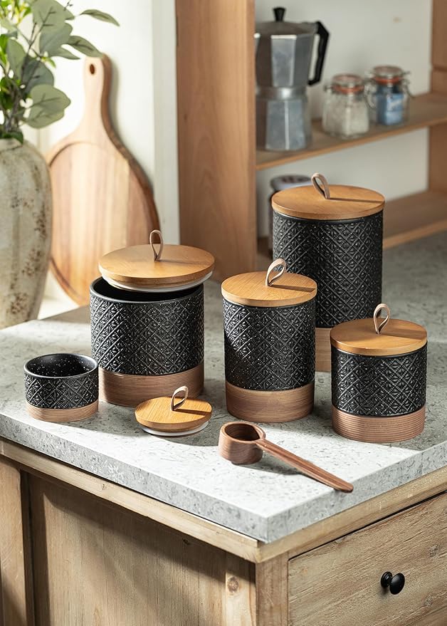 Ceramic Jar with Lid, Airtight Coffee Container, Kitchen Food Storage Jar for Coffee Bean Spice Sugar Cookie, Stackable Decorative Jars for Housewarming Gift, Coffee Bar Decor, Black 28 fl.oz