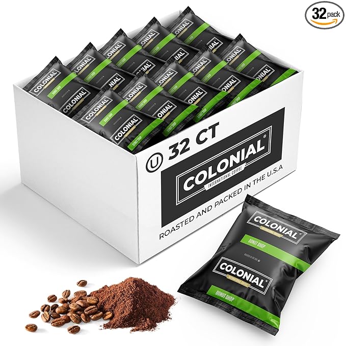 Colonial Coffee 32 Count Single Pot Coffee Packets – 100% Arabica Donut Shop Blend Medium Roast | Pre-Measured Frac Packs for 12 Cup Maker | Bulk Ground Gourmet Coffee for Home & Office