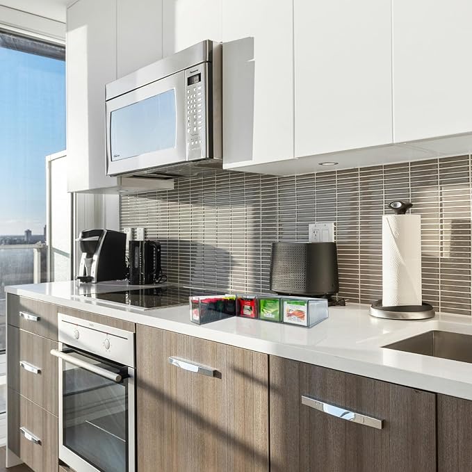 4-Pack Tea Bag Drawers Organizer - 4 Clear Plastic Drawer Tea Bag Holder; Stackable & Portable; Wider Size; Well-Organized Storage for Tea Bags & Kitchen Essentials