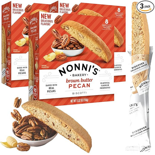 Nonni's Brown Butter Pecan Biscotti, Nutty Pecan Cookie with Rich Browned Butter Flavor, 8 Individually Wrapped Bakery Snacks, 5.52 oz, 3 Pack