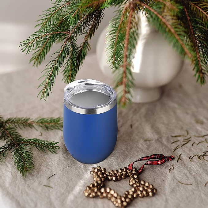 DOMICARE Stainless Steel Wine Tumbler Bulk with Lid, Personalized Insulated Tumblers Set, 12oz Travel Coffee Cups Pack of 8, Dark Blue