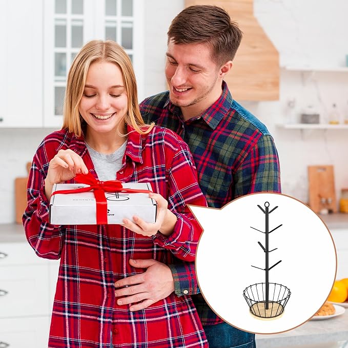 simesove Coffee Cup Holder with Basket, Non-Slip Cup Tree with 8 Hooks for K-Cups and Saucers, Wooden Stand Organizer for Counters, Bars and Kitchen Home Decor (Natural)